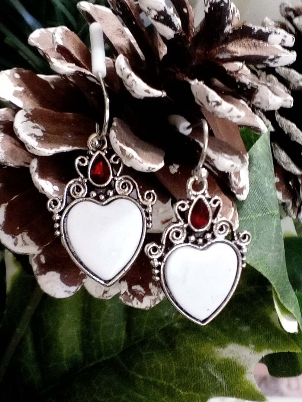White Heart Drop Earrings with Red Accent - Women Jewelry